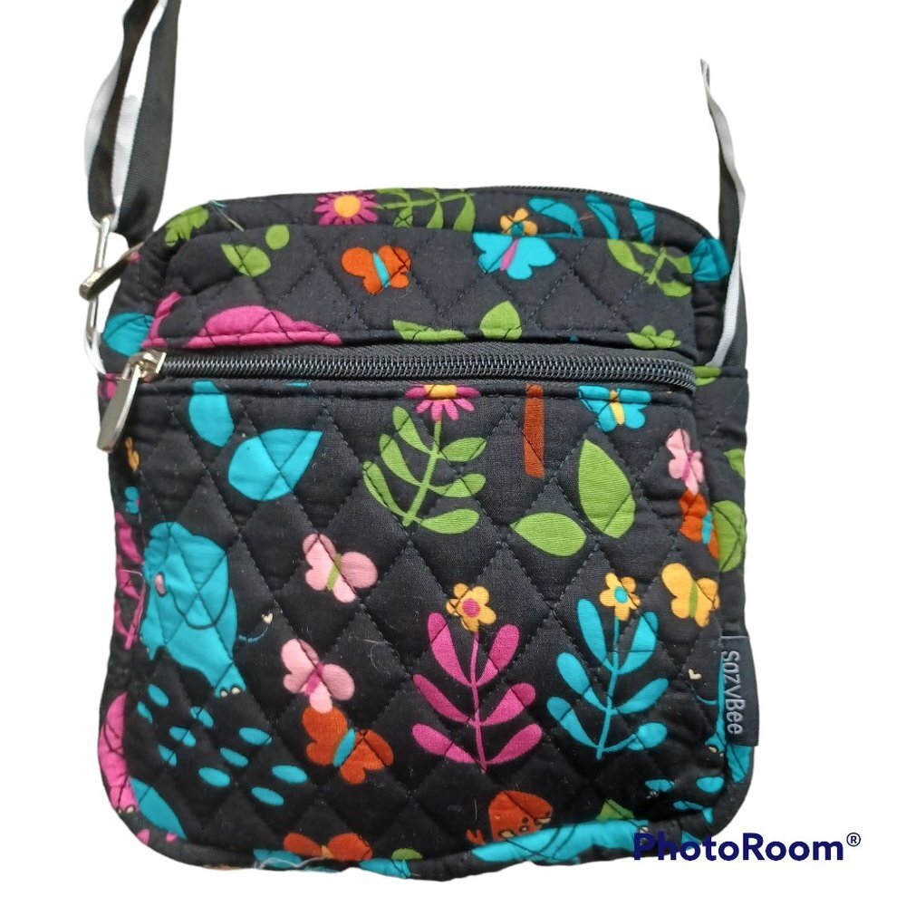 Sazy Bee Designs Crossbody Bag Floral On Black Zip Up Small Bag‎